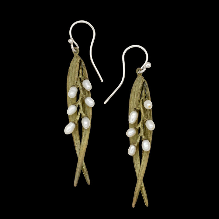 Rice Earrings - Double Leaf Pearl Wire