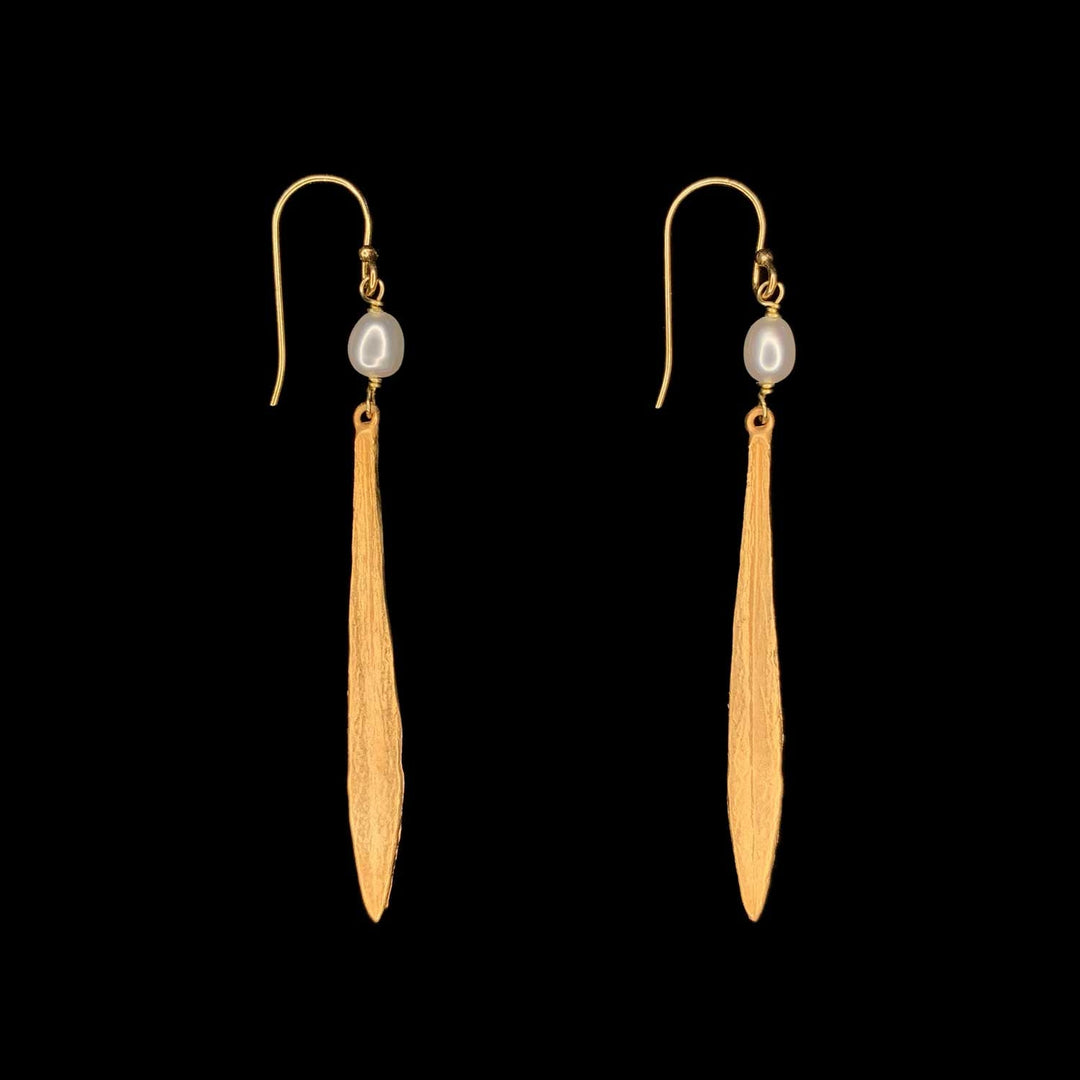 Leaf and Bud Earrings - Long Pearl Drop Wire
