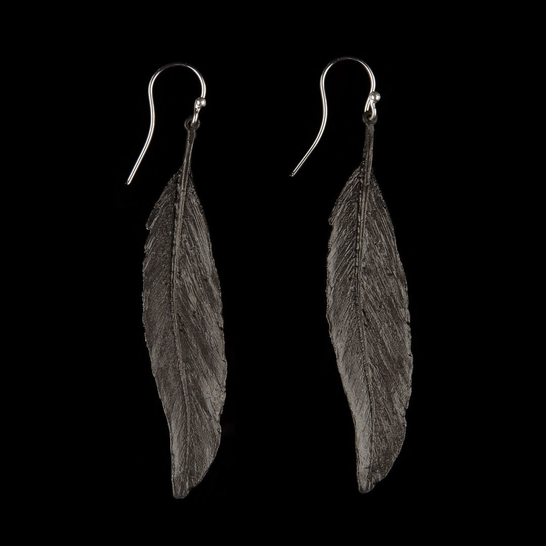 Feather Earrings - Long Single Wire Gunmetal