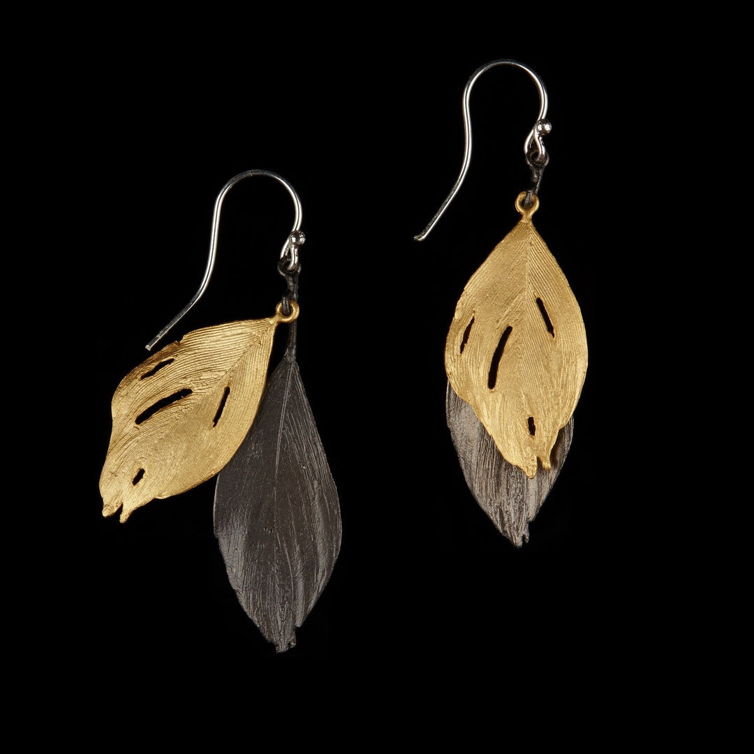 Feather Earrings - Two Tone Wire Gold and Gunmetal
