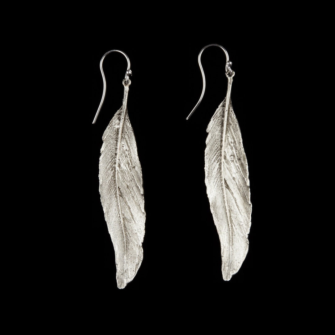 Feather Earrings - Long Single Wire Silver