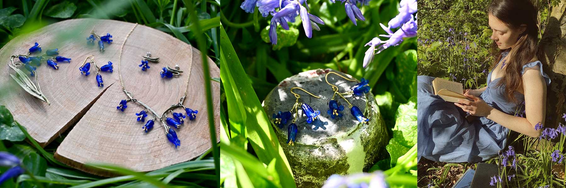 Three photos: jewelry with blue flower charms on wood and stone, and a woman in a blue dress sitting among flowers, reading a book. All scenes are surrounded by green grass and blue-violet flowers.