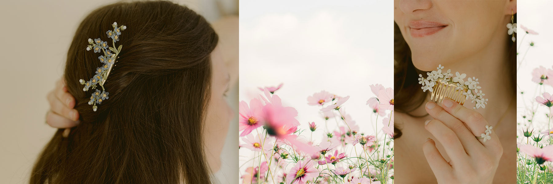 A woman wears and holds floral hair accessories, with a close-up of pink flowers in the center of the collage.