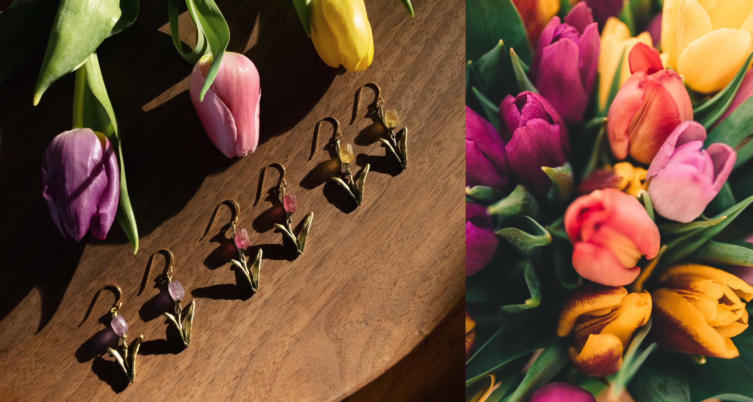 A row of five pairs of earrings with flower-shaped charms lies on a wooden surface near pink, yellow, and purple tulips. On the right, a close-up of a bouquet of tulips in various colors.