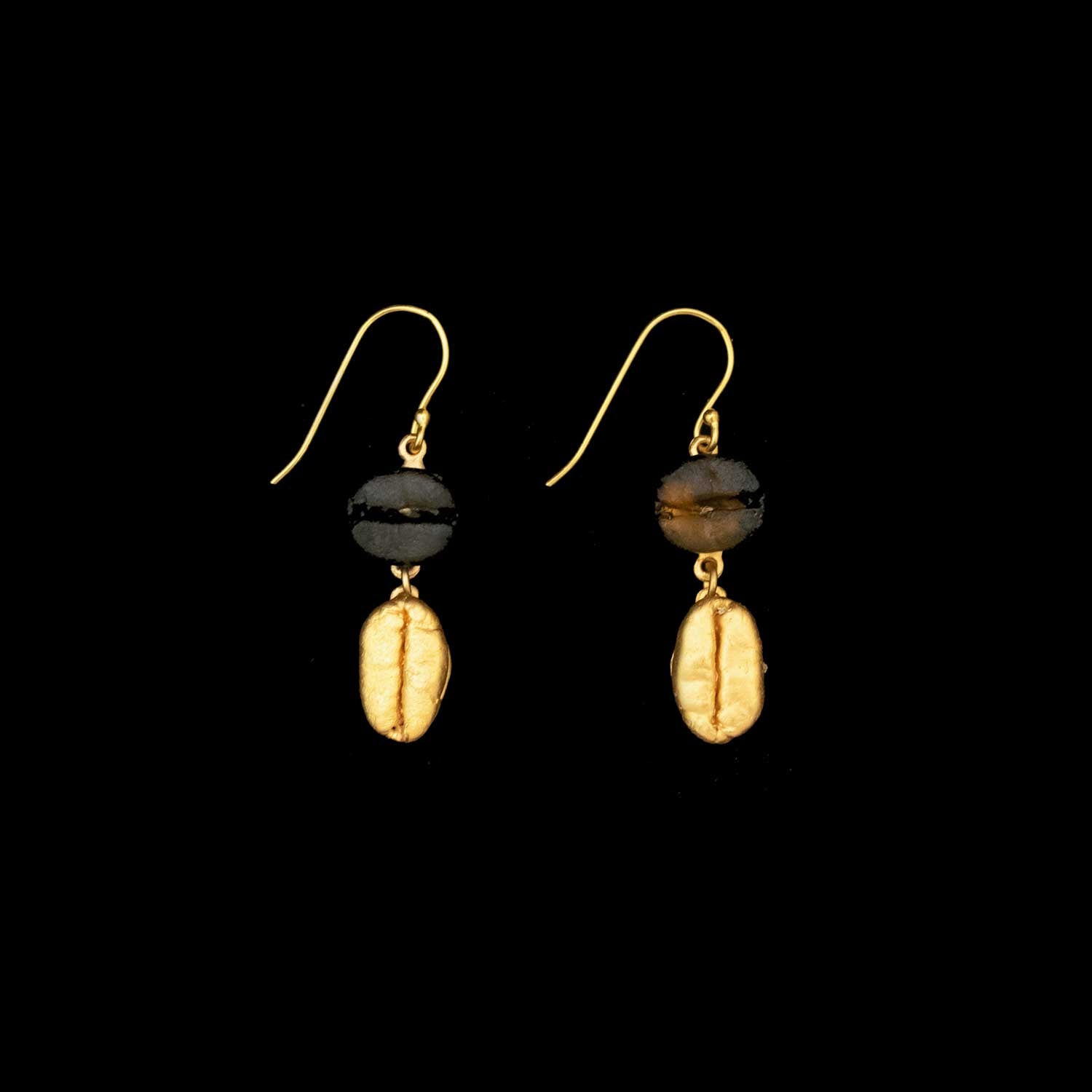 The Roasted Coffee Bean Earrings - Wire feature gold-plated and cast glass coffee bean charms, displayed on a solid black background—a stylish botanical-inspired jewelry piece for your collection.