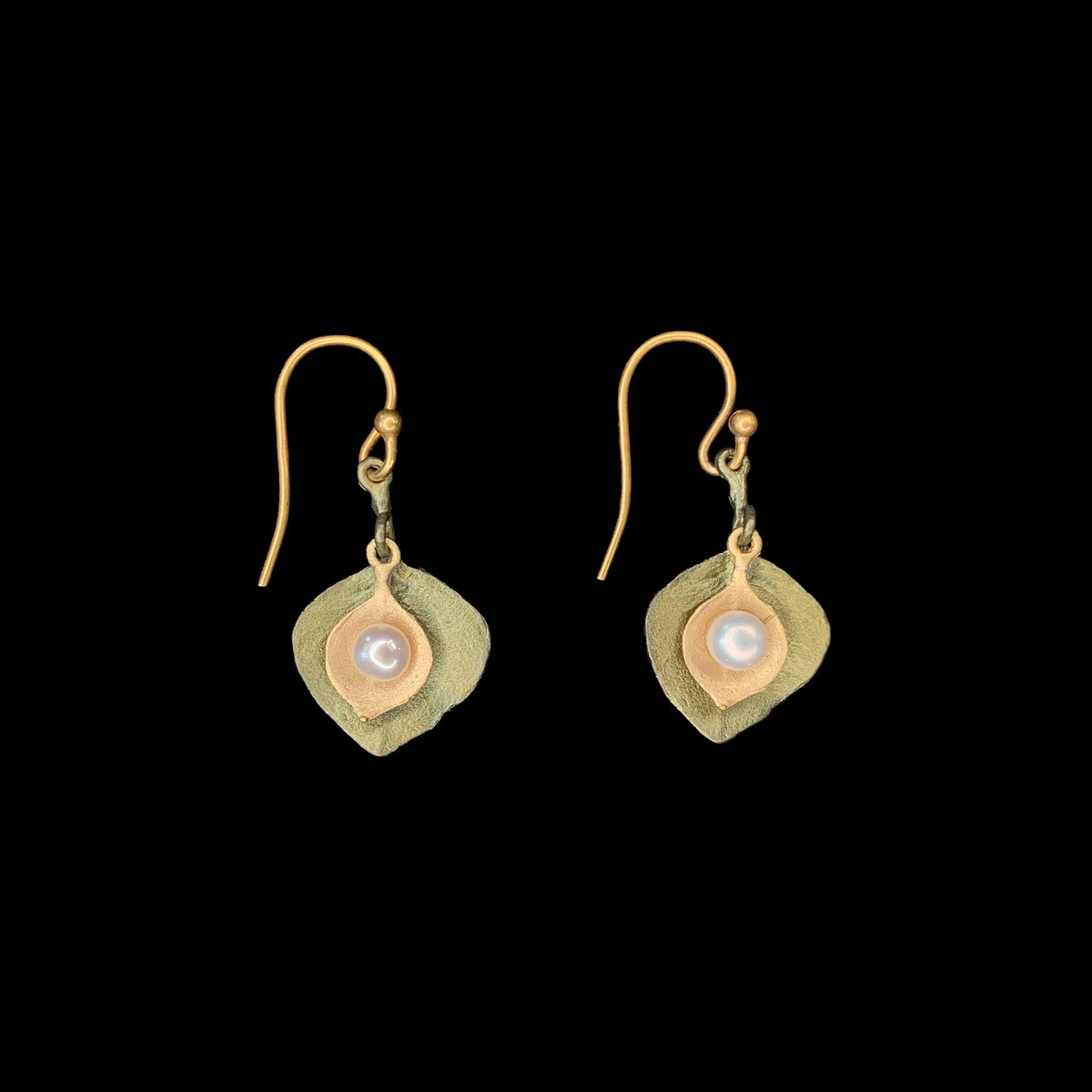 Image of the Michael Michaud Round Leaf Eucalyptus Earrings - Pearl Wire on a black background